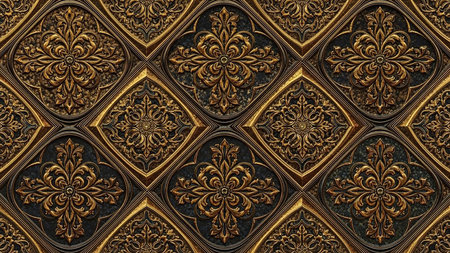 Ornate golden floral medallions are set within dark diamond-shaped frames on a textured background, evoking richness and historical grandeur.の素材