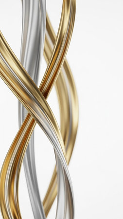Smooth, polished gold and silver metallic ribbons elegantly intertwine in a dynamic swirl against a bright white background.の素材
