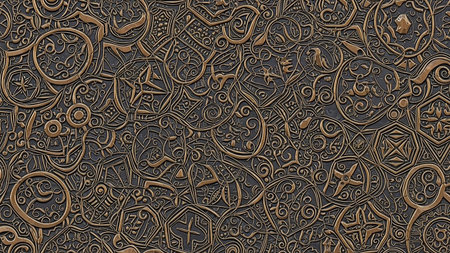 Intricate and detailed metallic bronze embossed pattern with swirling arabesque motifs and geometric shapes on a dark textured background.の素材