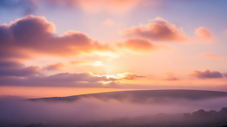 Orange showing a sunset or sunrise paints the sky with vibrant orange and pink hues illuminating soft clouds above a misty landscape and rolling hills.の素材