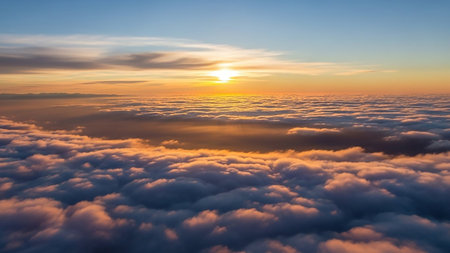Orange showing aerial view of a sea of fluffy clouds at sunrise with golden sunlight rays illuminating the orange and pink hued cloud tops and a clear horizon.の素材