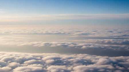 An expansive aerial view a vast sea of fluffy white clouds illuminated by soft sunlight under a clear pale blue sky.の素材