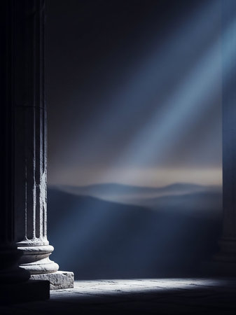 A weathered stone column stands in the foreground, framing a misty mountainous vista. A single beam of light pierces the dark, atmospheric sky.の素材