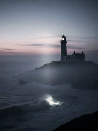 A solitary lighthouse on a foggy cliff overlooks a turbulent sea, with a bright wave splash illuminated by light.の素材