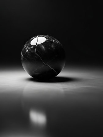 Black showing a single cracked dark marble sphere with a bright highlight reflecting on a polished surface in dramatic black and white lighting keywords: sphere,...の素材
