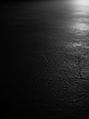 A dark, textured asphalt surface fills the frame, revealing fine cracks and subtle highlights that create a gritty and abstract industrial detail.の素材