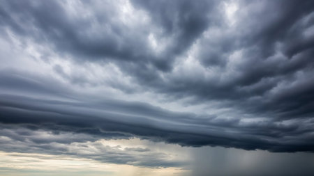 Dark, ominous storm clouds gather overhead, with heavy rain visible in the distance, creating a dramatic and moody sky.の素材