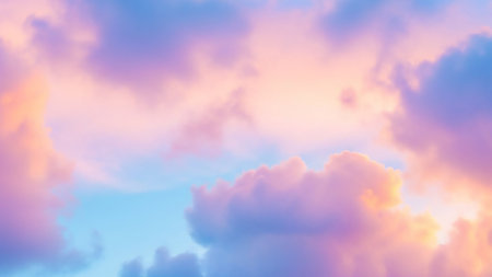 A dreamy pastel sky filled with fluffy pink and purple clouds illuminated by soft golden light, evoking a serene and ethereal atmosphere at dawn or dusk.の素材