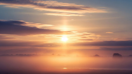 A golden sunrise pierces through a misty landscape, casting a vibrant sunbeam and illuminating silhouetted trees and fog.の素材