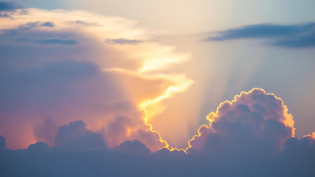 Rays showing golden sunlight bursts through dramatic purple and pink clouds at sunset or sunrise, illuminating the edges of the clouds with a fiery glow keywords:...の素材