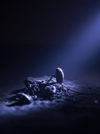 A close-up view of a small, weathered stone on dark, textured ground, dramatically lit by a single blue light beam from above.の素材
