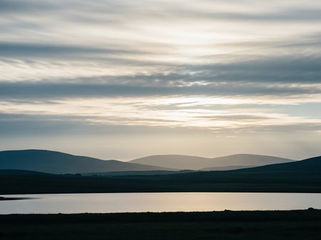 Misty showing misty mountain landscape with a calm lake reflecting the overcast sky and distant rolling hills at dawn. resolutionの素材