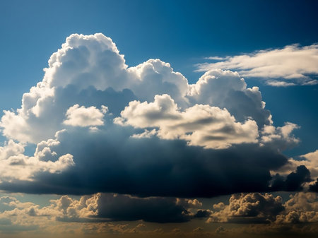 Cumulonimbus showing massive cumulonimbus cloud formation under a bright blue sky with sunlight illuminating the edges and dark underside. resolutionの素材