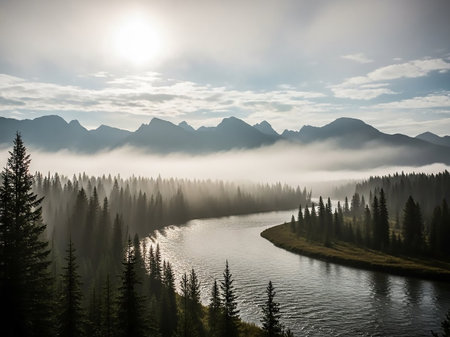 A serene landscape featuring a winding river through a pine forest, with misty mountains in the background under a soft sunrise sky.の素材