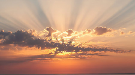Bursting showing radiant sunset with sun rays bursting from behind clouds over a calm horizon. resolution use.の素材