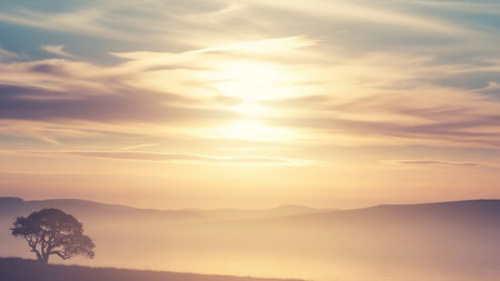 A lone tree silhouette stands on a hill at sunrise. Soft mist blankets rolling hills and water reflects the pastel sky with warm, gentle light.の素材