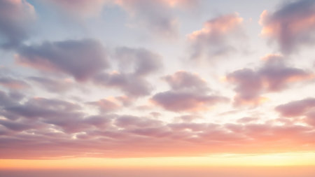 Soft pastel pink and orange clouds are illuminated by the warm glow of a sunrise or sunset, creating a serene and tranquil atmospheric backdrop.の素材