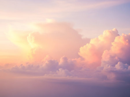 Soft pink, purple, and golden clouds fill the sky with a gentle gradient of light, creating a serene and dreamlike atmosphere.の素材