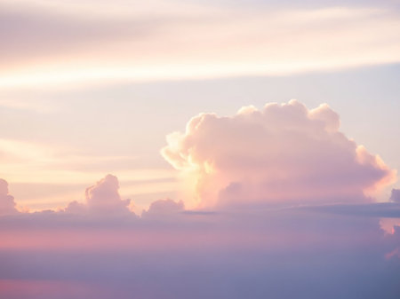 Soft pastel pink and purple clouds are illuminated by warm golden sunset light, with a prominent, fluffy cloud formation in the center.の素材