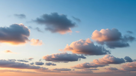 Fluffy clouds in soft pastel shades of pink and orange are scattered across a clear blue sky during sunset or sunrise.の素材