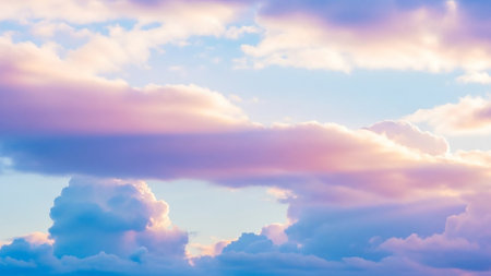 Soft pastel pink and blue clouds are illuminated by warm golden sunlight, creating a dreamy and serene sky.の素材