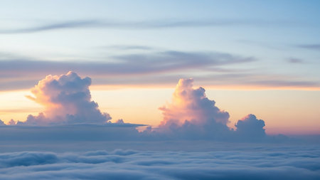Soft pastel colors paint the sky with two illuminated pink and orange clouds rising above a dense layer of white clouds.の素材