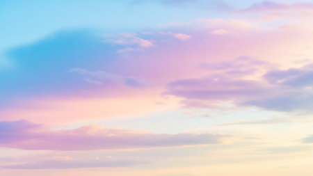 Gentle showing soft pastel sky with blended hues of pink, purple, and blue clouds creating a dreamy and ethereal atmospheric background for keywords: soft, pastel,...の素材