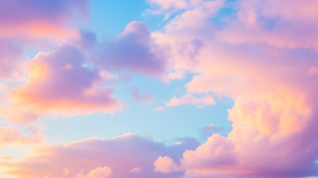 Cloudscape showing soft pastel pink and purple clouds against a bright blue sky at sunrise or sunset with gentle diffused light creating a dreamy atmospheric...の素材