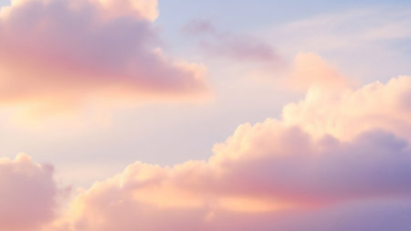 Clouds showing soft pink and white cumulus clouds against a pale blue sky during a gentle sunset or sunrise. resolution use.の素材