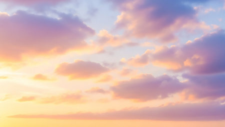 Soft pastel pink and yellow clouds are scattered across a light blue sky during a gentle sunrise or sunset, creating a peaceful and tranquil atmospheric scene.の素材