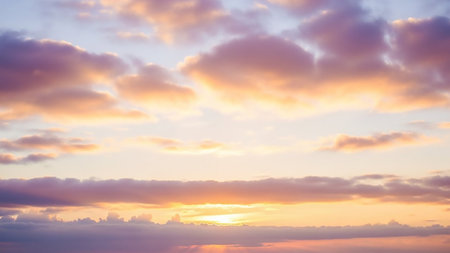 A soft pastel sky at sunrise fluffy pink and orange clouds, with gentle sunbeams creating a warm and tranquil atmosphere.の素材