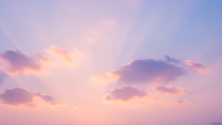 A serene sky filled with soft pastel pink and purple hues, featuring fluffy clouds and gentle sun rays radiating through the atmosphere.の素材