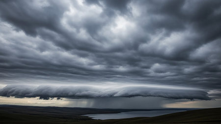 Meteorological showing a massive shelf cloud looms over a body of water and rolling hills, with a heavy rain shower falling from the dark, turbulent storm clouds...の素材