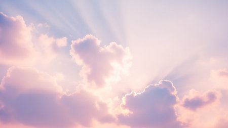 Soft pink and lavender clouds are illuminated by gentle sun rays, with a heart-shaped cloud in the center, creating a dreamy and serene sky.の素材