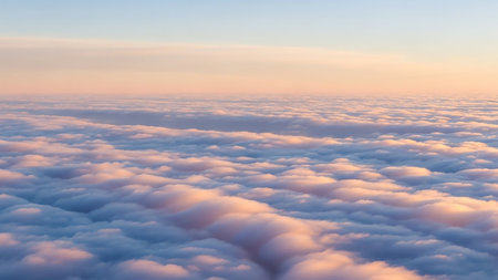 An aerial view of a vast sea of soft pink and blue clouds, illuminated by a warm glow, creating a surreal and tranquil dreamlike landscape.の素材