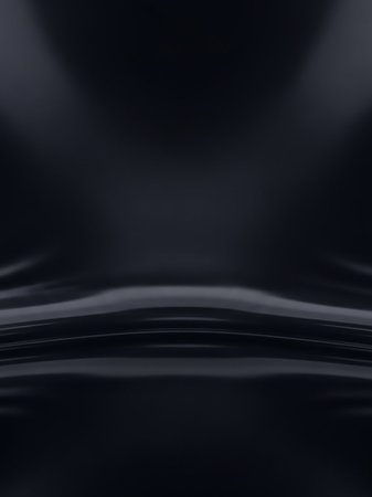 A dark, reflective studio space with smooth, curved surfaces illuminated by soft spotlights, creating subtle highlights and deep shadows.の素材