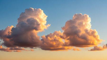 Warm showing cumulonimbus clouds illuminated by warm golden sunlight against a clear blue sky during sunset creating a dramatic and natural display. resolution...の素材