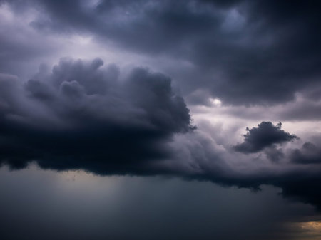 (4097) showing dark ominous storm clouds gathering with visible rain shafts and moody lighting creating a sense of foreboding and dramatic weather phenomena in the...の素材