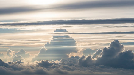 An aerial perspective showcasing layered clouds with dramatic sunbeams breaking through the bright sky, creating a sense of depth.の素材