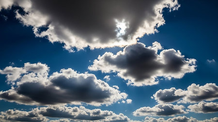 Daytime showing dark and light cumulus clouds against a deep blue sky with bright sunbeams piercing through the dense formations creating a dramatic and contrasting...の素材