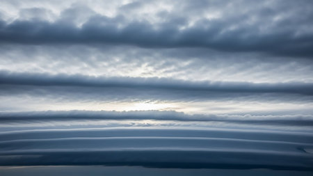Layered dark gray and white clouds form horizontal bands with a bright sunlit gap, creating a textured sky.の素材