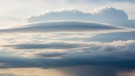 Aerial showing dramatic lenticular cloud formation with layered stratus clouds and a distant rain shower visible in the sky keywords: sky, clouds, lenticular cloud,...の素材