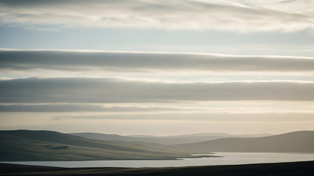 Water showing serene landscape with rolling hills, calm water body, and layered clouds at golden hour. resolution use.の素材