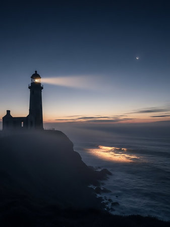 A dark silhouette of a lighthouse stands on a rocky cliff at dusk, its bright beam cutting through the foggy air over the ocean, with a crescent moon above.の素材