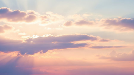 Soft pastel pink and purple clouds are illuminated by golden sun rays breaking through the sky. A serene and peaceful atmospheric scene.の素材