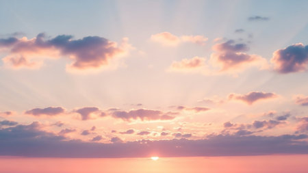 A serene sky filled with soft pastel pink and purple clouds, illuminated by gentle sun rays from a low sun on the horizon.の素材