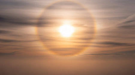 A bright sun is surrounded by a luminous halo against a sky filled with soft, wispy clouds, casting a warm golden and orange glow.の素材