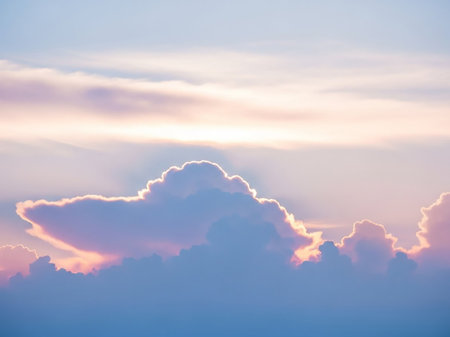 Clouds showing softly lit cumulus clouds in a pastel sky with gentle pink and blue tones illuminated by sunlight creating a dreamy and serene atmospheric scene...の素材