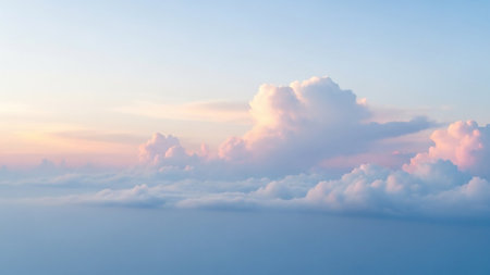 Nature showing serene pastel colored clouds floating in a soft blue sky during a tranquil sunrise or sunset with gentle light illuminating the fluffy formations...の素材