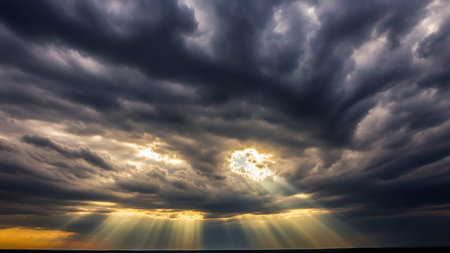 Dramatic dark storm clouds part to reveal bright sunbeams piercing through the sky, casting golden light rays onto the horizon.の素材